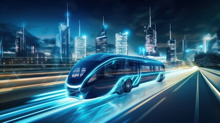 Futuristic Self-Driving Van Moving on a Public Highway in a Modern City, Generative AI