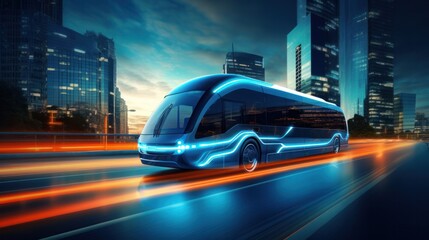 Fototapeta premium Futuristic Self-Driving Van Moving on a Public Highway in a Modern City, Generative AI