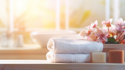 Fototapeta na wymiar White clean towels on wooden table in bathroom, Generative AI