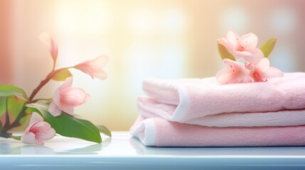 Obraz na płótnie Canvas White clean towels on wooden table in bathroom, Generative AI