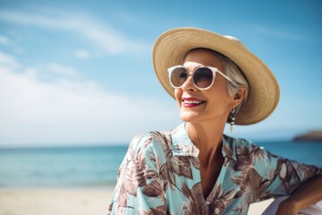 Elderly female traveler on vacation at the beach waving sea on weekend day on resort, Generative AI