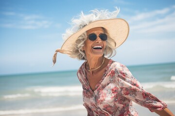 Elderly female traveler on vacation at the beach waving sea on weekend day on resort, Generative AI