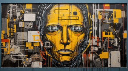 Fototapeta na wymiar Illustration of urban street art painting on wall graffiti , robot and city