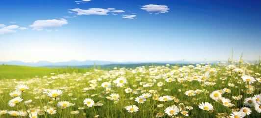 Background of landscape summer spring flowers green grass field agains blue sky, Generative AI