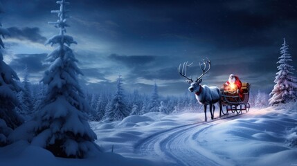 Fototapeta na wymiar Illustration of Santa Claus get a move to ride on their reindeer sleigh flying over Christmas fairy forest.
