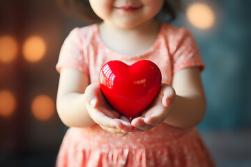 A cute girl smiling happily in her hand holding a red heart. Beautiful bokeh background. The love of the family, the father and mother towards the child. The care and planning of the future of child.