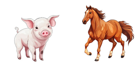 illustration of a horse and pig.png isolated on a transparent background generative AI.