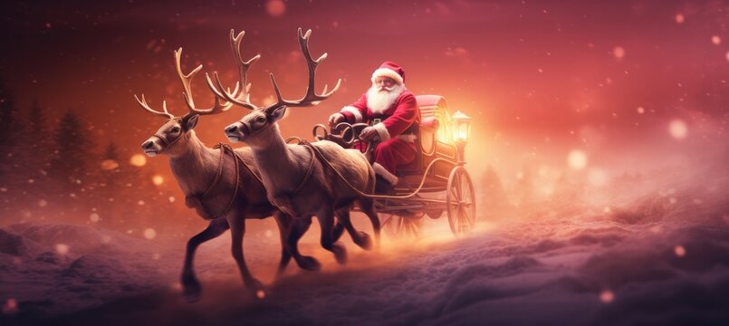 Illustration of Santa Claus get a move to ride on their reindeer sleigh flying over Christmas fairy forest.