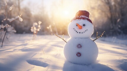 Obraz premium Illustration of Merry christmas and happy new year greeting card with happy snowman standing in christmas landscape.