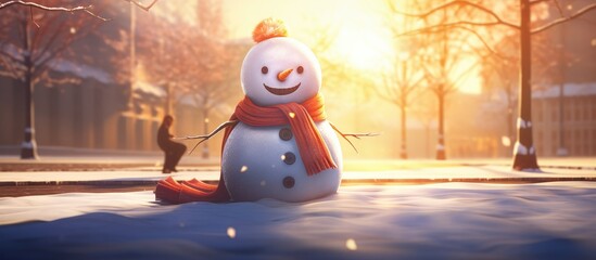 Fototapeta premium Illustration of Merry christmas and happy new year greeting card with happy snowman standing in christmas landscape.