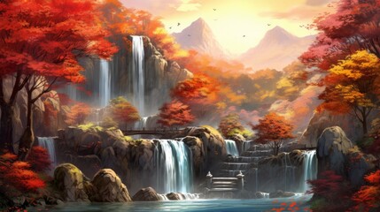 Waterfall in autumn forest background, Generative AI - obrazy, fototapety, plakaty