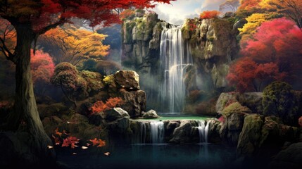 Waterfall in autumn forest background, Generative AI