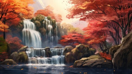 Waterfall in autumn forest background, Generative AI