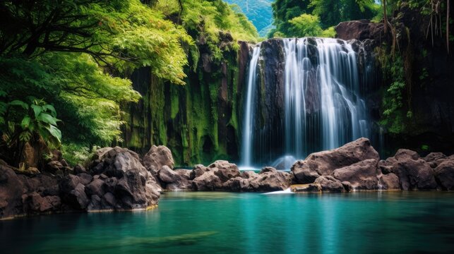 Waterfall in autumn forest background, Generative AI © tonstock