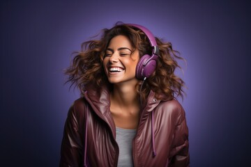 Young woman with headset  enjoy music isolated over pastel background, Generative AI
