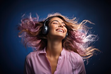 Young woman with headset  enjoy music isolated over pastel background, Generative AI