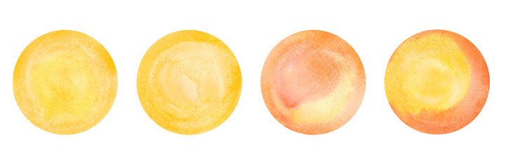 Watercolor multicolored yellow-orange circles, spots with a gradient isolated on a white background. Hand-drawn. The texture of watercolor on paper. An element for design and decoration.