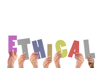 Digital png illustration of hands with ethical text on transparent background