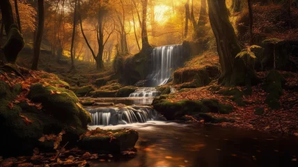Poster photo of Waterfall in the autumn with ray light, Landscape generative ai © JKLoma