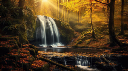 photo of Waterfall in the autumn with ray light, Landscape generative ai
