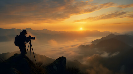 山頂で日の出を撮影するカメラマン
