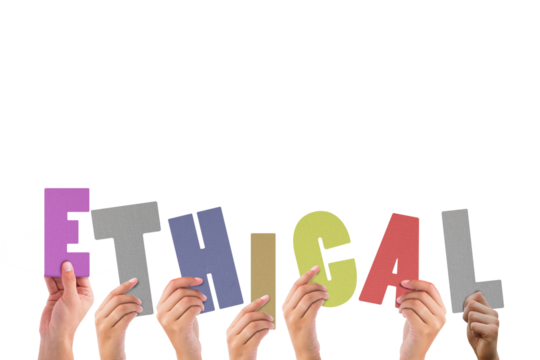 Digital png illustration of hands with ethical text on transparent background - Powered by Adobe