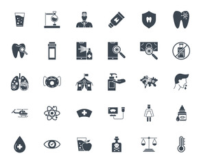 Medical Vector Icons Set. Glyph Icons, Sign and Symbols in Solid Design. Medicine, Health Care and Coronavirus COVID 19 pandemic. Mobile Concepts and Web Apps. Modern Infographic Logo and Pictogram