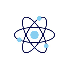 Atom related vector line icon. Nuclear energy source. Science symbol. Atomic structure model. Electrons, neutrons and protons. Atom core elements. Nuclear matter and power. Vector illustration