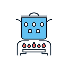 Hot cooking food related vector icon. The pan is on the gas burner. Hot cooking food sign. Isolated on white background. Editable vector illustration