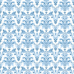 青いダマスク柄のシームレス背景イラスト