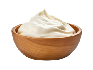 Wooden bowl with sour cream isolated on white background