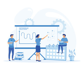 Business planning, management, organization, success strategy. People work together making a plan on a board. flat vector modern illustration