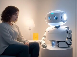 A robotic therapist with a personalized, human-like face, surrounded by a warm, comforting light.