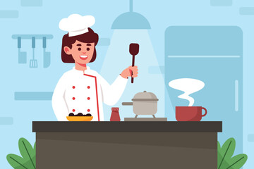 Female Chef Cooking At Kitchen Illustration