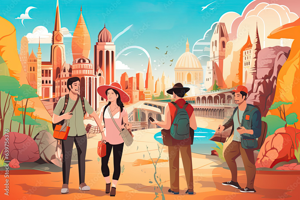 Wall mural Tour guides lead travelers on memorable journeys, sharing cultural insights, historical facts, and local stories. Generated with AI