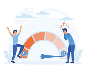 Stress level, mood scale. Man solves problems and reduces psychological pressure. flat vector modern illustration