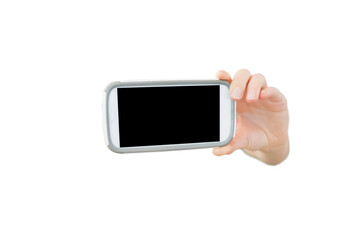 Digital png illustration of hand holding smartphone with copy space on transparent background