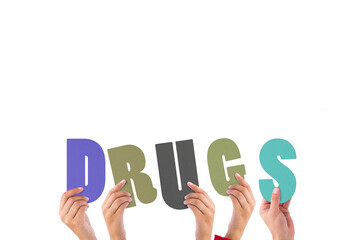Digital png illustration of hands with drugs text on transparent background
