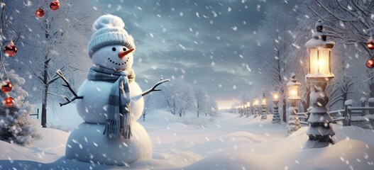 Cute snowman amidst snowy forest, a cold mountain landscape for holiday seasons banner.