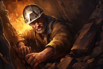 hardworking miner deep within the earth, wearing a helmet and sturdy gear, using powerful tools to extract precious minerals,Generated with AI - obrazy, fototapety, plakaty
