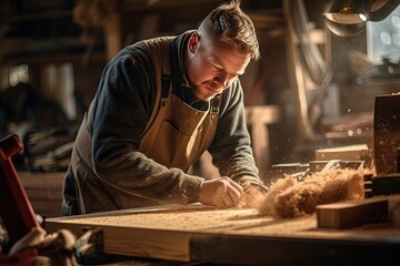 A skilled carpenter meticulously crafting a wooden masterpiece in their workshop, surrounded by tools, sawdust, and the aroma of freshly cut wood,Generated with AI - obrazy, fototapety, plakaty