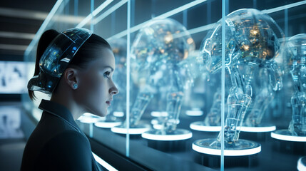 person in the laboratory, portrait of a person with a background, montage of people working together, A futuristic brain - computer interface room, where individuals sit immersed in thought.