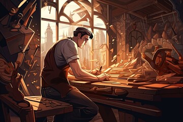 A skilled carpenter meticulously crafting a wooden masterpiece in their workshop, surrounded by tools, sawdust, and the aroma of freshly cut wood,Generated with AI