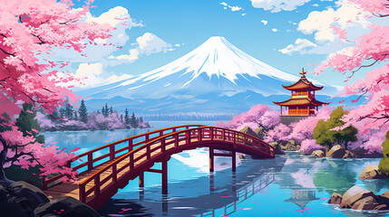 Beautiful Mount Fuji in Japan. COncept of travel, tourists and vacation. Colorful illustration.