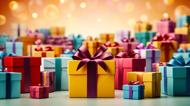 many colorful gift boxes with ribbon bow isolated on blurred bokeh background. Digital illustration generative AI.