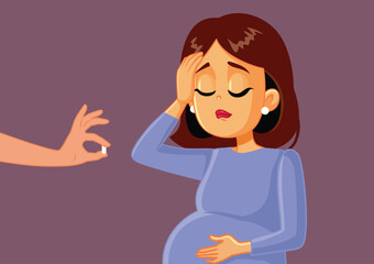 Pregnant Woman Feeling Sick Receiving a Pill Vector Cartoon Illustration. Anxious mother to be taking treatment from medical doctor
