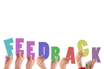 Digital png illustration of hands holding feedback text on transparent background