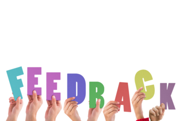 Digital png illustration of hands holding feedback text on transparent background