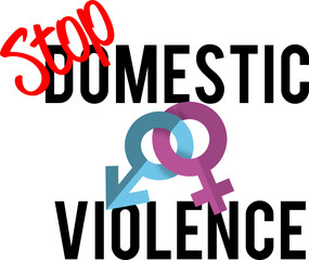 Digital png illustration of stop domestic violence and gender symbols text on transparent background