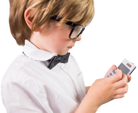 Digital png photo of caucasian boy using calculator on transparent background - Powered by Adobe